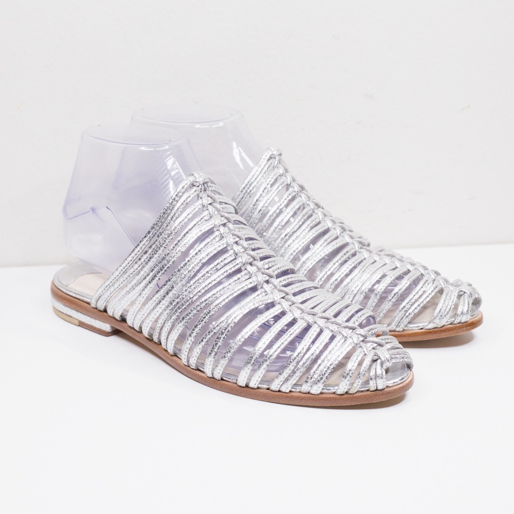 CECELIA NEW YORK Woven Metallic Leather Pointed Toe Slide Sandals Silver Sz 6
